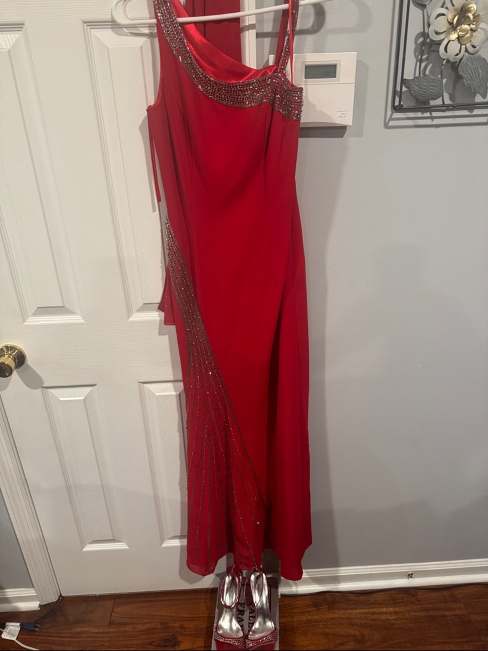 Red One-Shoulder Evening Dress with Rhinestone Accent (Size S).